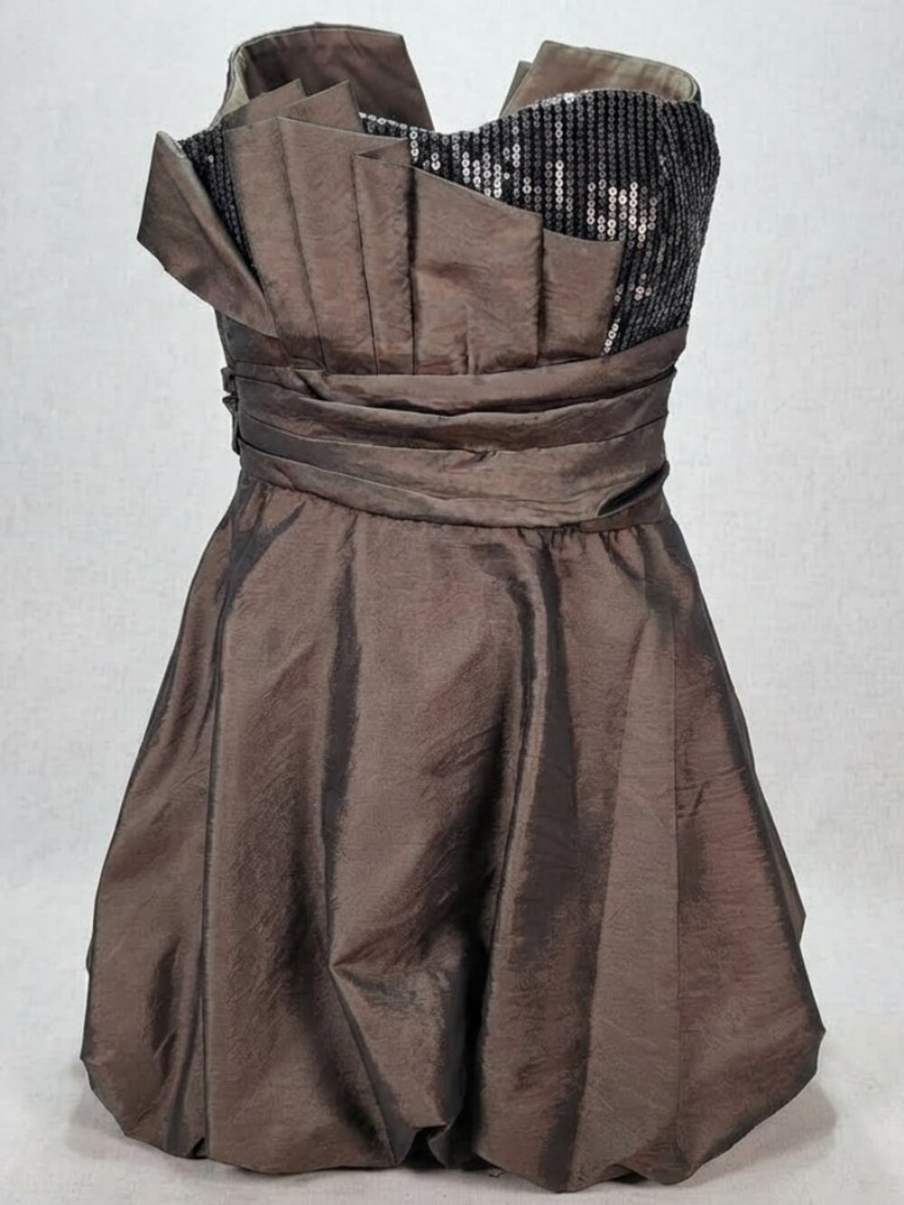 NWOT Strapless Bronze Taffeta Bubble Hem Party Dress Size L Sequin Bodice